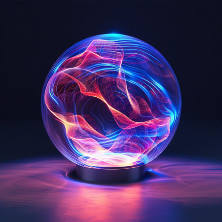 Glowing crystal ball with glowing lines on dark background. 3D renderingの素材