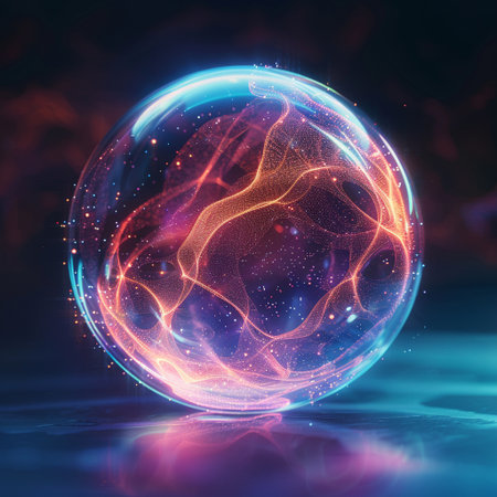 Glowing sphere with glowing lines and particles. 3d illustration.の素材