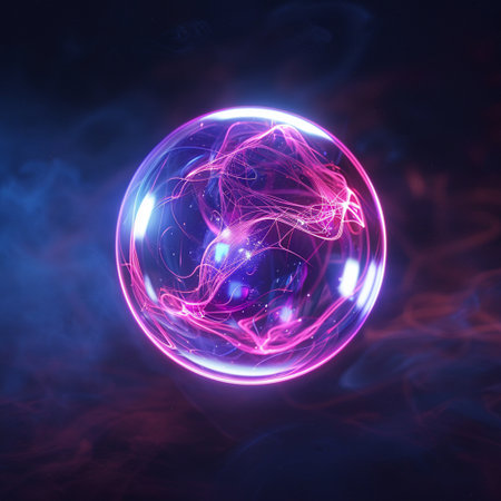 Glowing crystal ball with lightning in dark space, computer generated abstract backgroundの素材
