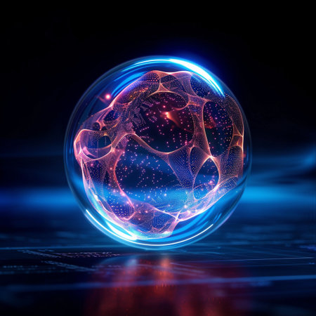 Glowing crystal sphere with glowing particles on dark background. 3D renderingの素材