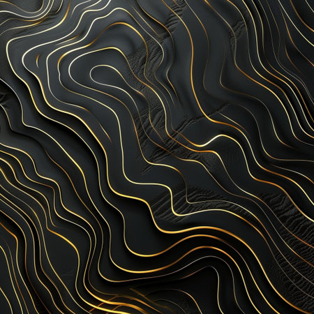 Black and gold wavy lines background. 3d render illustration.の素材