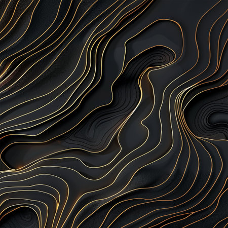 Abstract 3d black background with golden lines and waves. Vector illustration.の素材