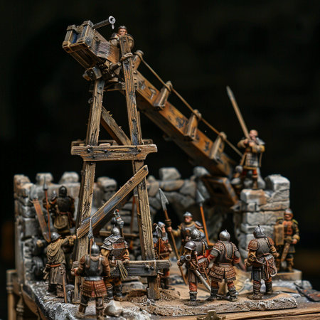 Medieval battle scene with cavalry and infantry. Fragment of medieval battle scene with cavalry and infantry. Selective focus.の素材