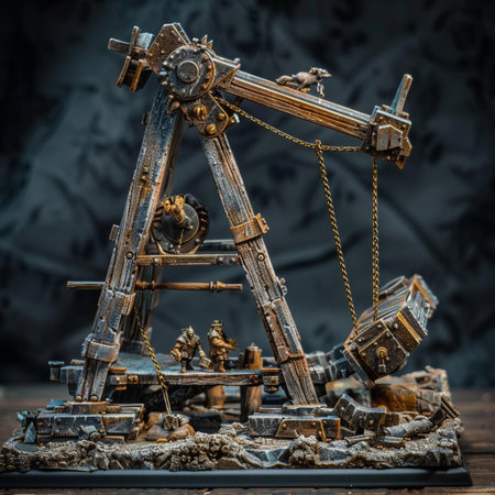 Antique scale model on wooden table. Selective focus. Dark background.の素材
