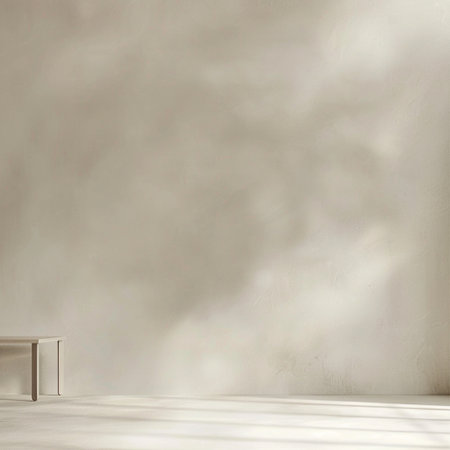 3D render of a modern interior with a concrete wall and a white benchの素材