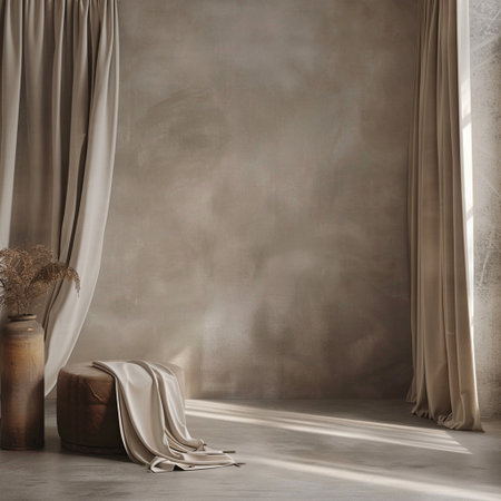 Interior of the room with beige curtains and chair. 3d renderの素材