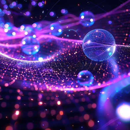 abstract 3d illustration of glowing particles with depth of field and bokehの素材