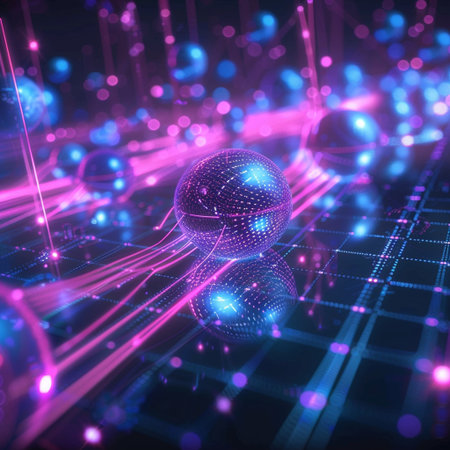 3d illustration of abstract technology background with glowing spheres and lines.の素材