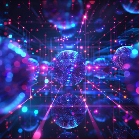 Abstract 3d rendering of chaotic structure. Futuristic background with glowing particles.の素材
