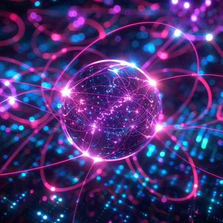 Glowing planet with network connections on dark background. 3d illustrationの素材