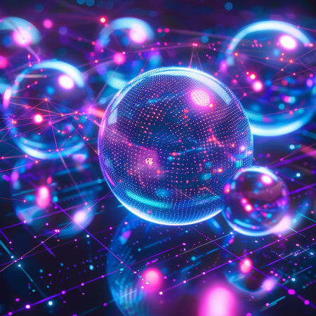 Abstract 3d rendering of digital globe with glowing particles. Futuristic background.の素材