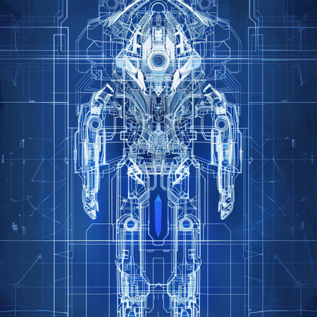 3D rendering of a robot on a blue background with technical drawingsの素材