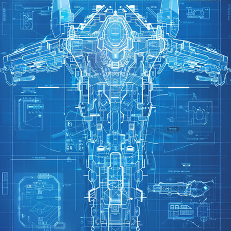 3d rendering of robot on blueprint background. Futuristic cyborgの素材