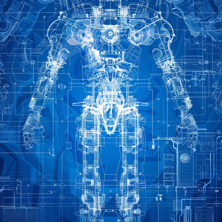 3D rendering of a robot on a blue background with technical drawingsの素材