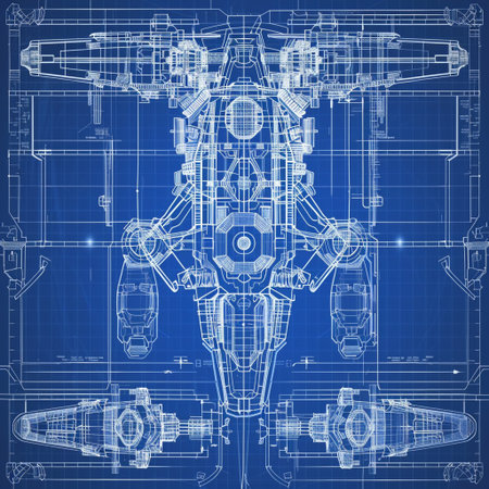 Blueprint of a robot on a blue background. 3d renderingの素材