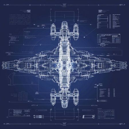 3d model of jet engine on a blue background with technical drawingsの素材