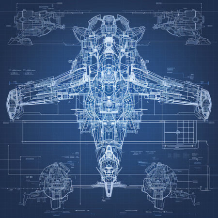 3d model of jet engine on a blue background with technical drawingsの素材