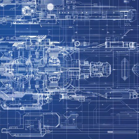 Mechanical engineering drawings on a blue background. 3d rendering.の素材