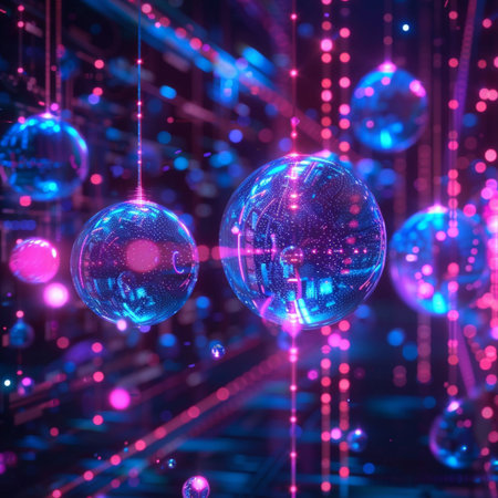 Glowing disco balls on a dark background. 3D Renderingの素材