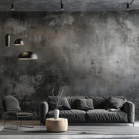 Modern living room interior with black sofa, coffee table and concrete wall. 3D Renderingの素材