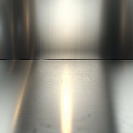 Steel floor with light and reflections in the room. Abstract background.の素材
