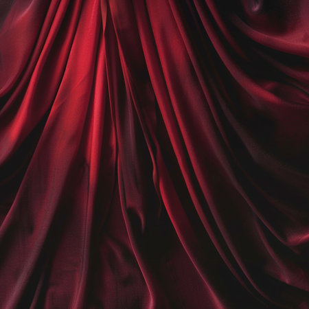 Closeup of rippled red satin fabric as background textureの素材