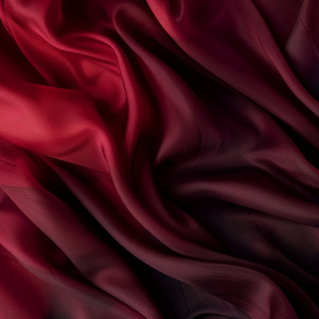 Red satin fabric texture background. Close up of rippled red silk fabric.の素材