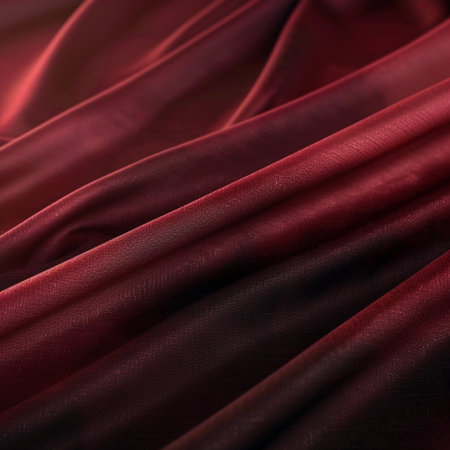 Red satin background close up. Abstract background luxury cloth or liquid wave or wavy folds of grunge silk texture satin velvet material or luxurious Christmas background or elegant wallpaper designの素材