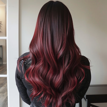 Beautiful woman with long and shiny red hair, back view.の素材