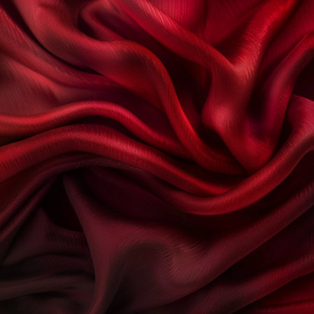 Red satin background with waves. tissue, textile, cloth, fabric, material, textureの素材