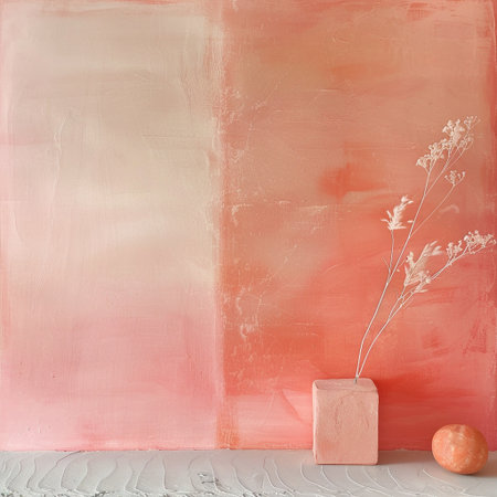 Painted pink wall with a vase and a dried flower.の素材