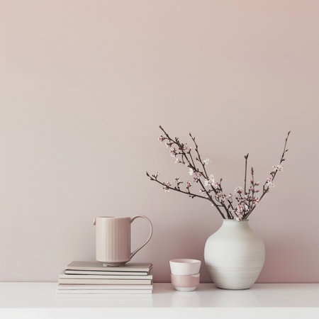 Porcelain vase with blossoming branches, coffee cup and books on white shelf against pastel pink wallの素材