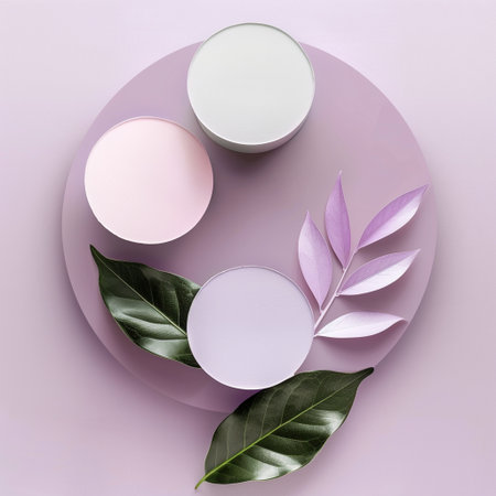 Creative layout made of natural cosmetic products and green leaves on purple background. Flat lay.の素材