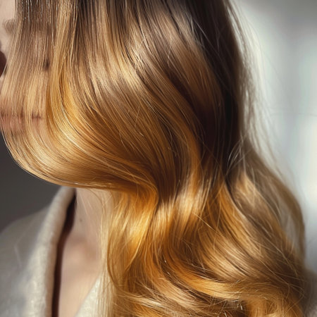 Curly blonde hair. Close-up portrait of a beautiful young woman with long hair.の素材