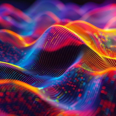 3d rendering of abstract wave particles with depth of field and bokeh effectの素材