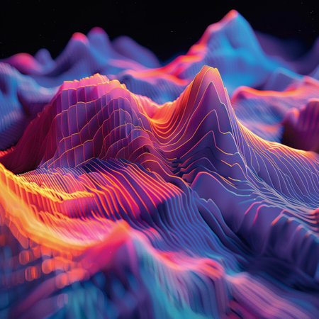 Abstract 3d rendering of wavy surface. Futuristic background with dynamic particles.の素材