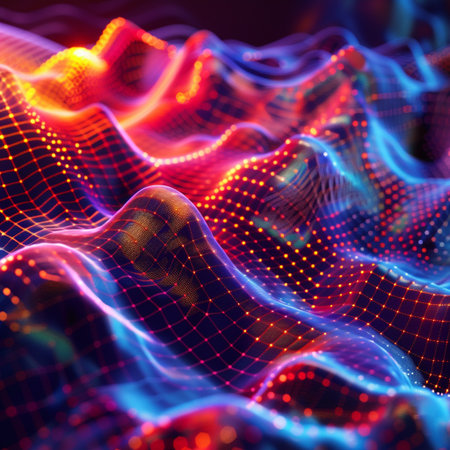 3d rendering of abstract digital landscape with flowing particles and depth of fieldの素材