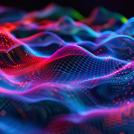 3D rendering abstract digital background. Futuristic wave with particles. Big data visualization.の素材