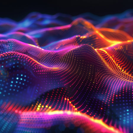 3d rendering of abstract digital landscape with glowing particles. Futuristic wave with depth of field and bokeh effect.の素材