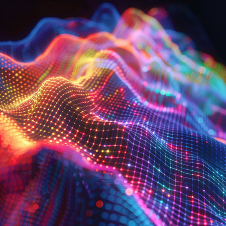 3d illustration of abstract digital landscape with flowing particles. Network connection structure.の素材