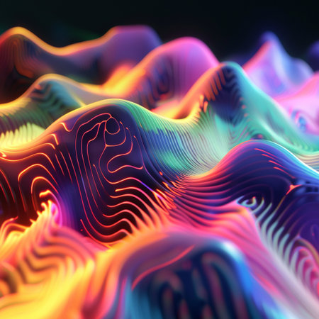 3d render, abstract background with wavy lines and glowing wavesの素材