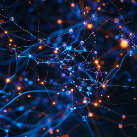 3d render of abstract technology background with glowing lines and dots.の素材