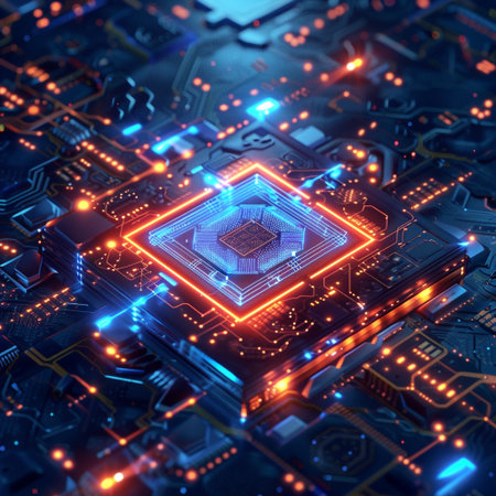 Circuit board. Electronic computer hardware technology. Motherboard digital chip. 3D renderingの素材
