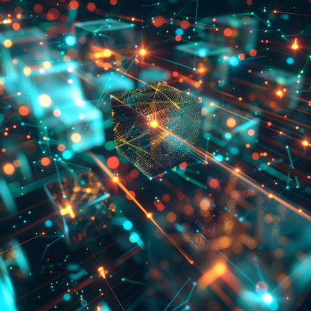 Abstract 3d rendering of geometric shape with glowing particles. Futuristic background.の素材