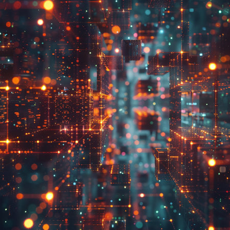 Abstract futuristic city with glowing lights. 3d rendering toned imageの素材