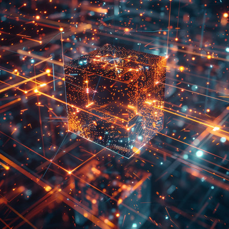 Abstract 3d render of cube with glowing particles. Futuristic background.の素材