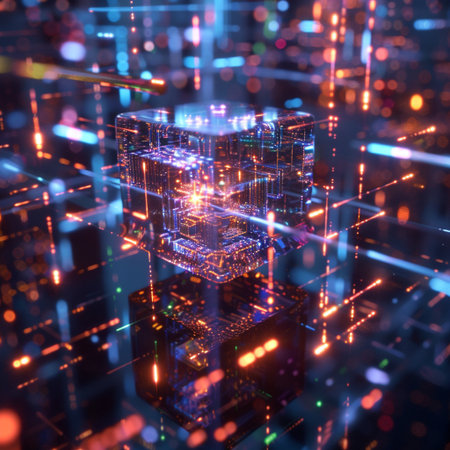 3d illustration of abstract technology background with circuit board and lights.の素材