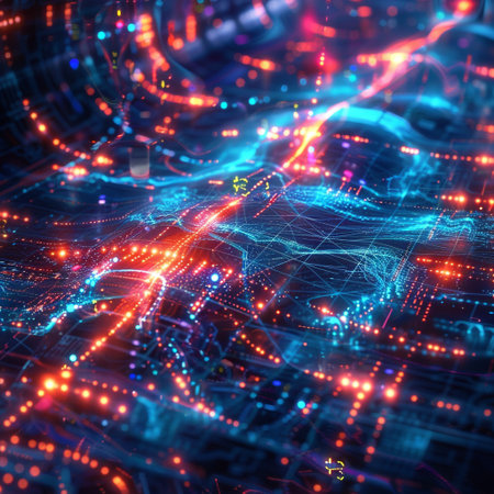 Futuristic city map with glowing lights, 3d render illustrationの素材