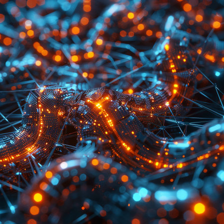 3d rendering of abstract technology concept. Network connection structure with glowing particles.の素材