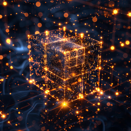 Abstract 3d rendering of cube with glowing lights on dark background.の素材
